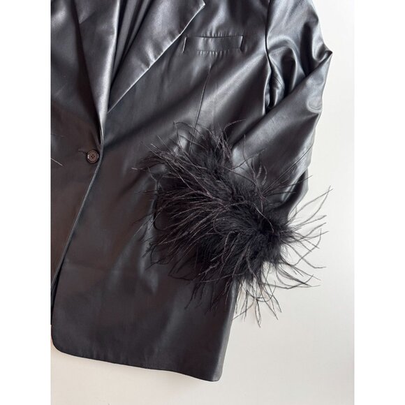 LAMARQUE Galia Black Faux Leather Feather Trim Oversized Blazer, Size XS/S - Picture 7 of 13
